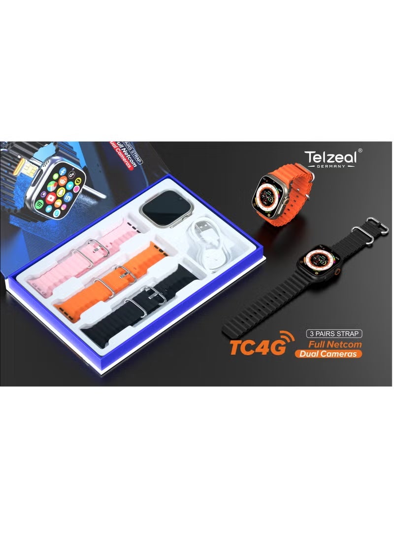 Telzeal TC4G Full Screen Smart Watch with Waterproof Design, Dual Camera, SIM Card Support, Full Netcom Connectivity, Touch Screen Smart Wearable with 3 Pair Straps & Wireless Charger – Gold - Image 3